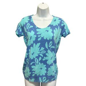 New York & Company Blue & Turquoise Floral Knit Top - Size S - Ramie/Cotton